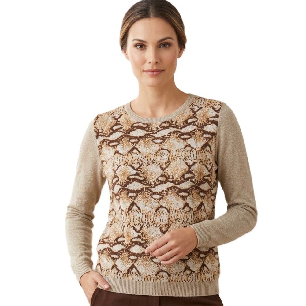 YAL New York Women’s Knit Crewneck Pullover Sweater Size L Snake Print / Beige
